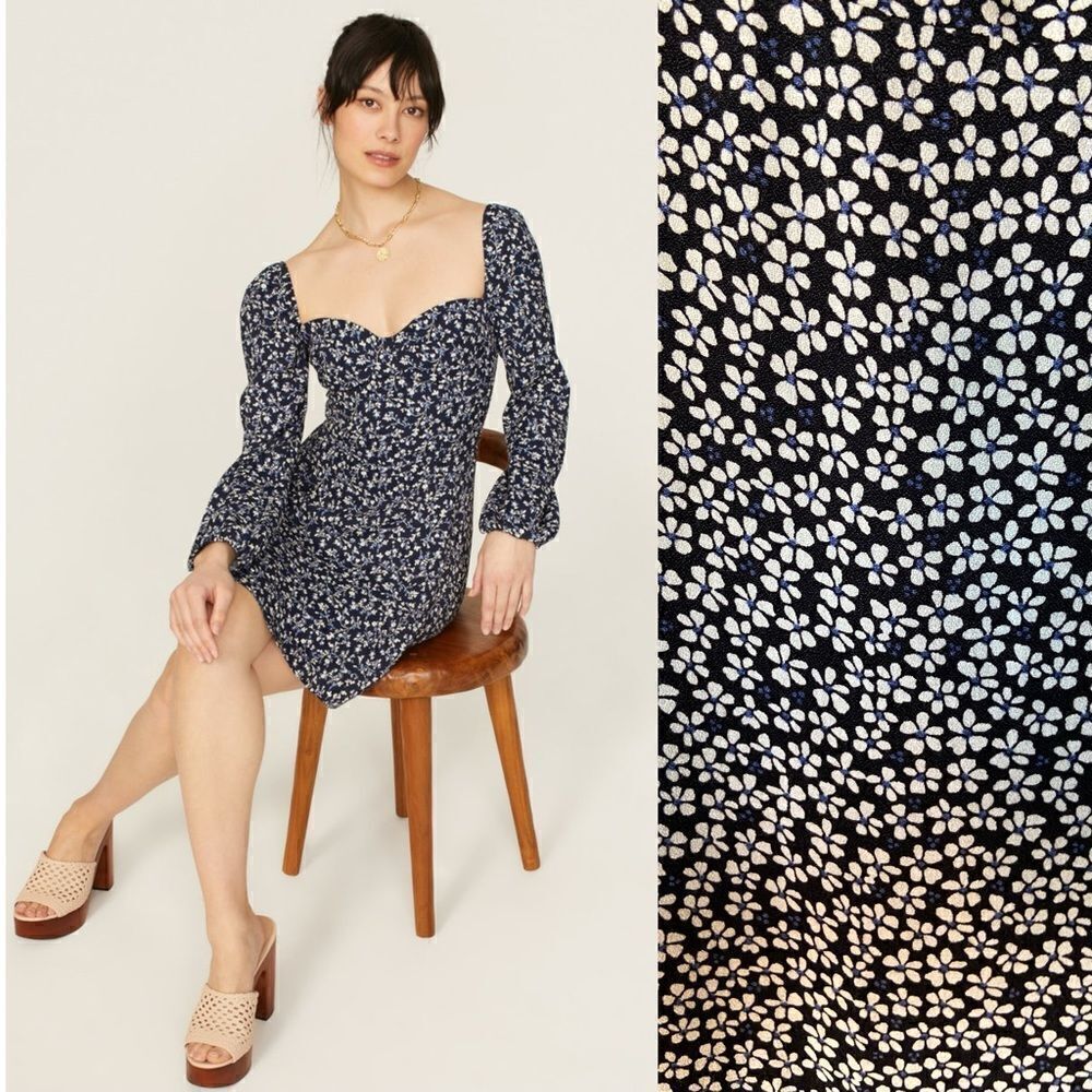 Reformation Mochi Mini Midnight Navy Blue Dress Puff Sleeve Floral Size L